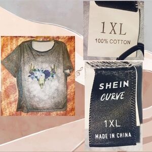 Shein Curve Gray/Multicolor Deer Skull w/Flowers Splatter Print Knit T-Shirt 1XL